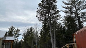 A cabin with a dirt path leading to a wooden deck, surrounded by snow and tall pine trees. - The Swift Glamping Yurt in Western Maine (Bethel)