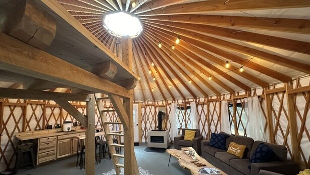 Un interior acogedor con techo de madera, un sofá, una mesa de centro y una zona de cocina.