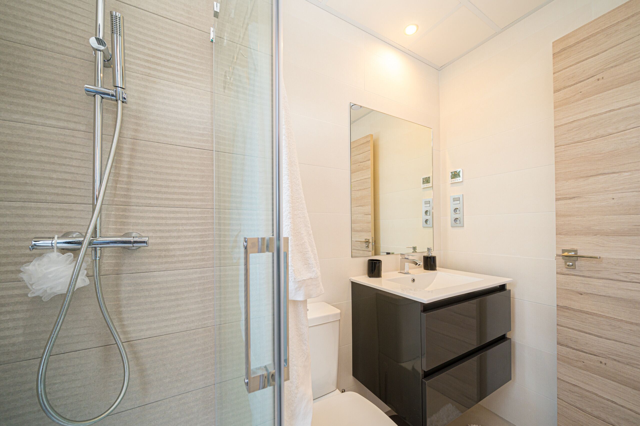 A modern bathroom with a glass shower enclosure, a white sink, and a large mirror.