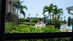 Vista de una zona de piscina con palmeras y un edificio al fondo.