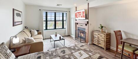 Smart TV, fireplace, foosball