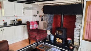 Ein gemütliches Wohnzimmer mit Kamin, Essbereich und Küche.