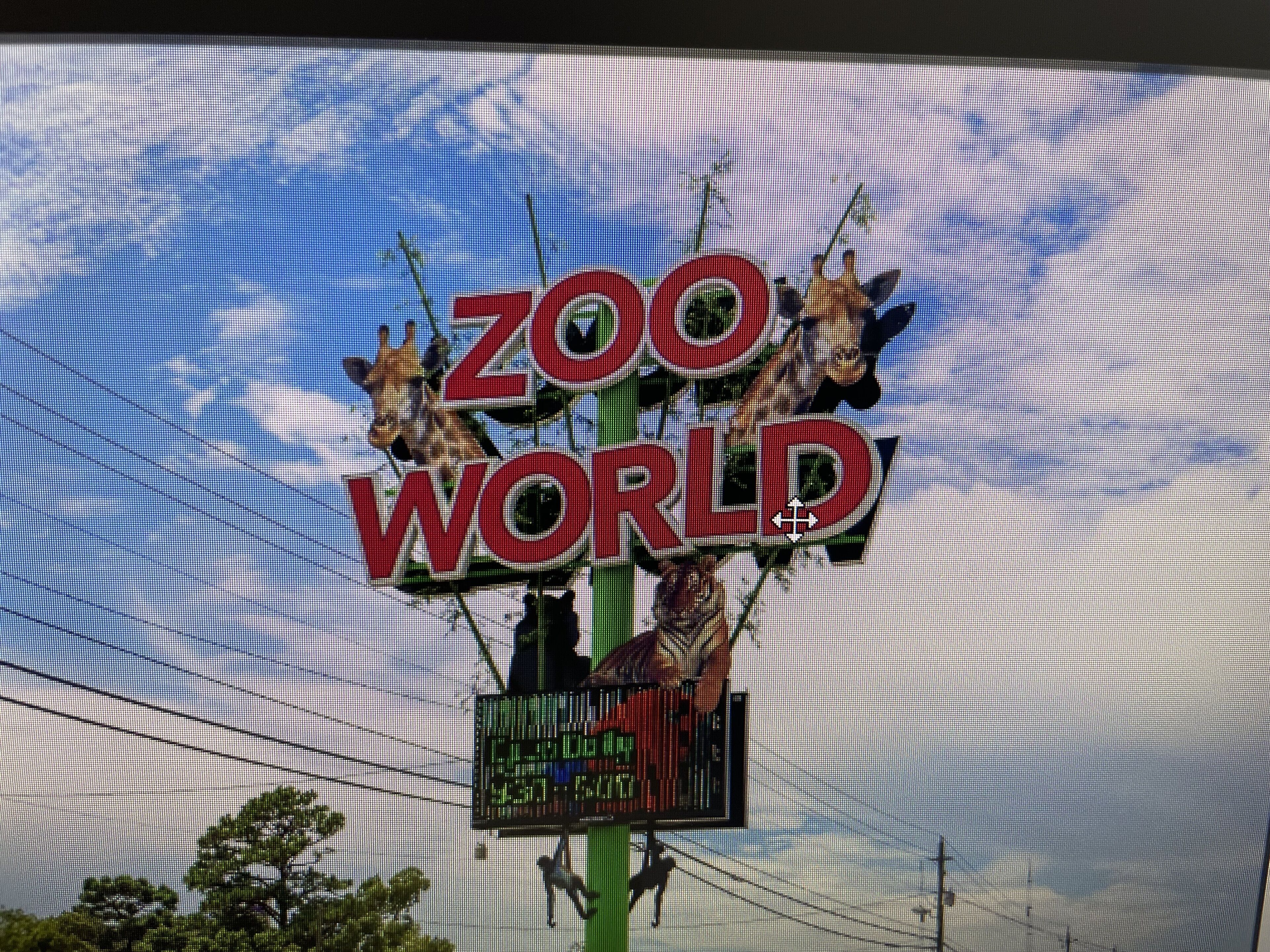 Opastekyltti, jossa lukee ”Zoo World” ja jossa on kuvia kirahveista ja apinasta.