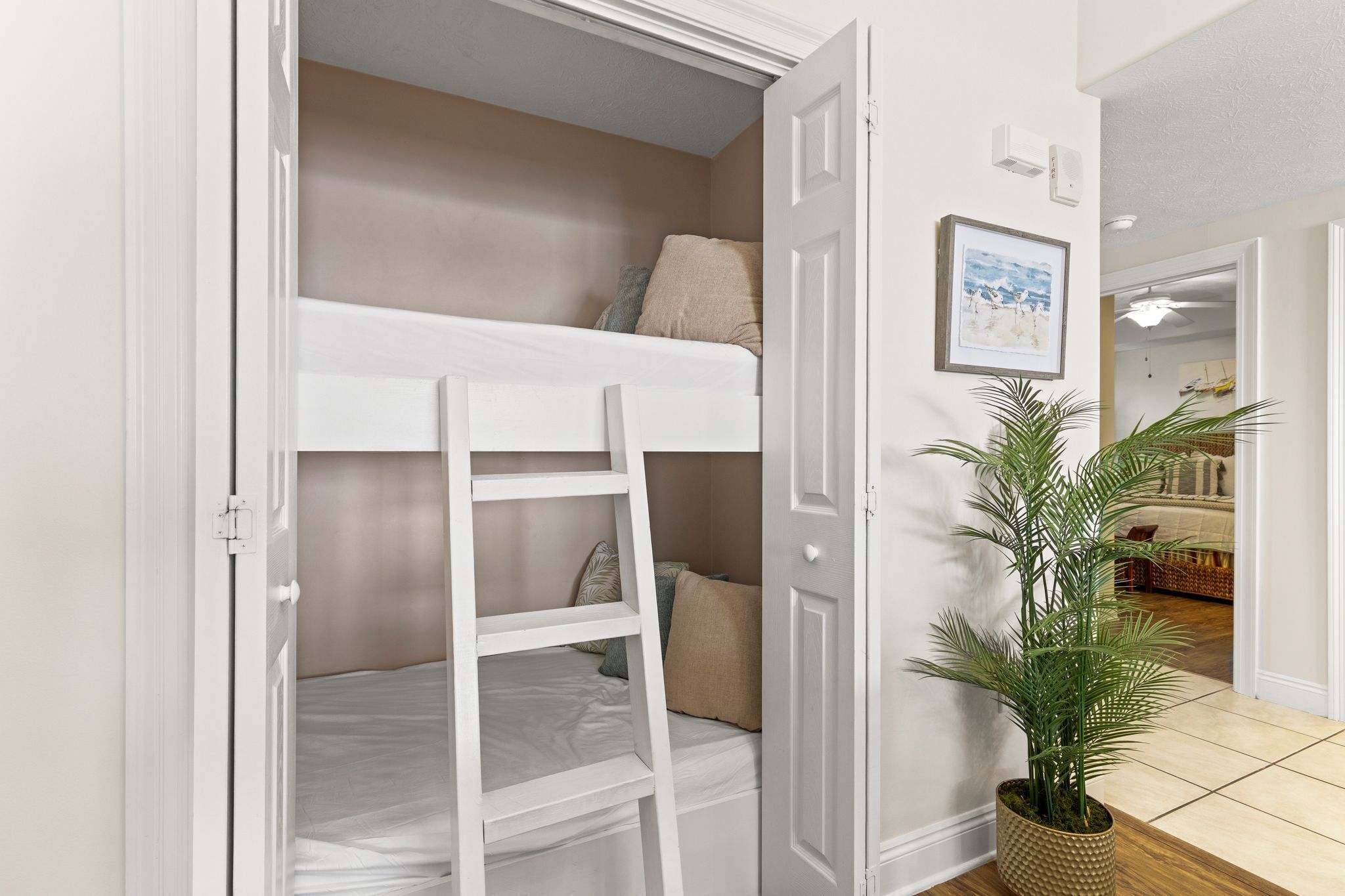 Un lit superposé avec une échelle, une plante en pot et un tableau encadré accroché au mur.