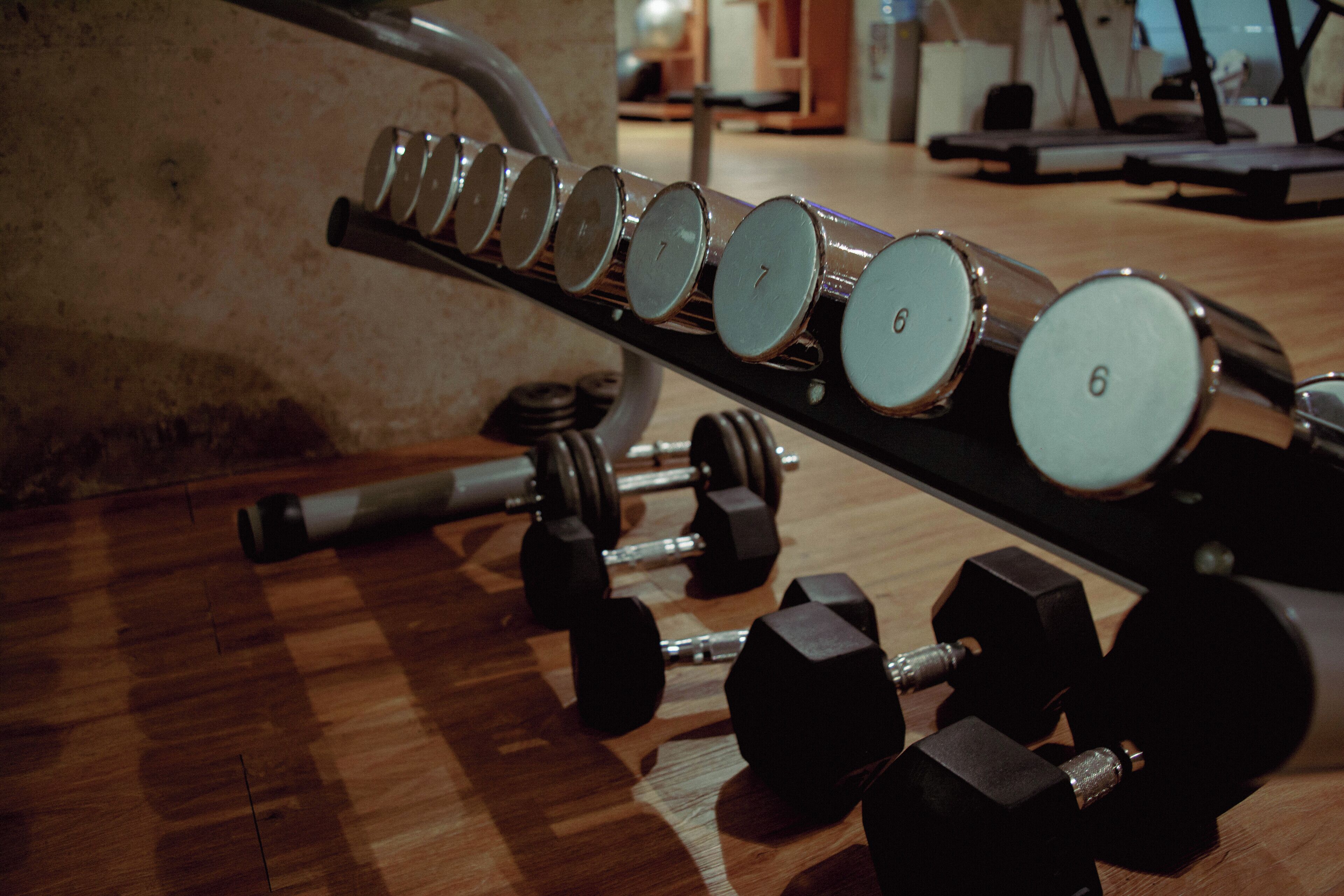 A set of dumbbells and a weight plate rack in a gym.