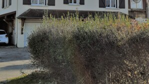 Uma casa de dois andares com garagem, entrada por uma calçada e um jardim frontal.