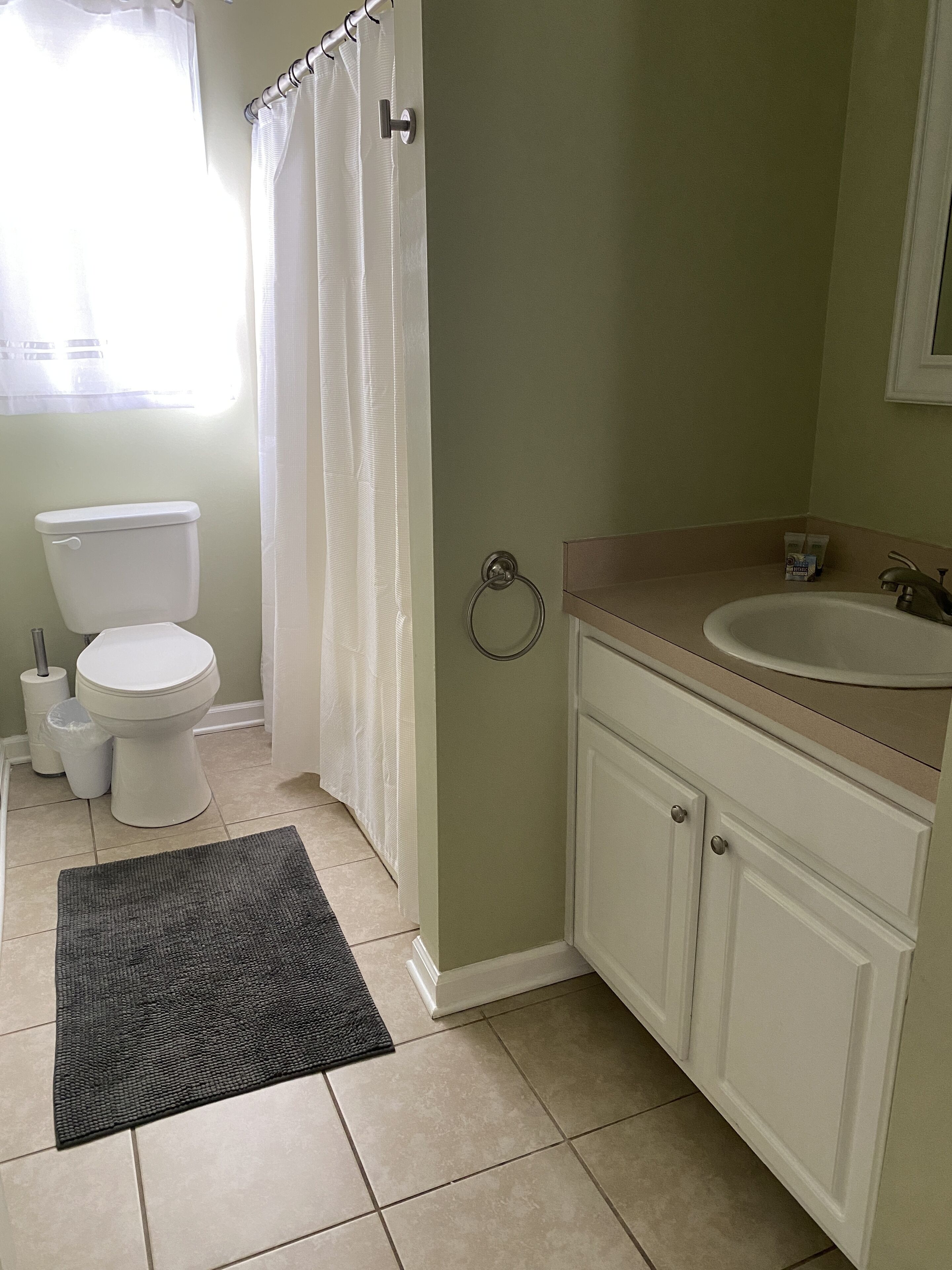 A bathroom with a toilet, sink, and shower curtain.