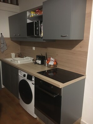 A compact kitchen with a washing machine, a microwave, and a sink. - House in a gated community with a swimming pool (Saint-Cézaire-sur-Siagne)