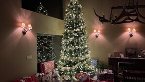 Un salon avec un grand sapin de Noël, de nombreux cadeaux emballés et une cheminée.