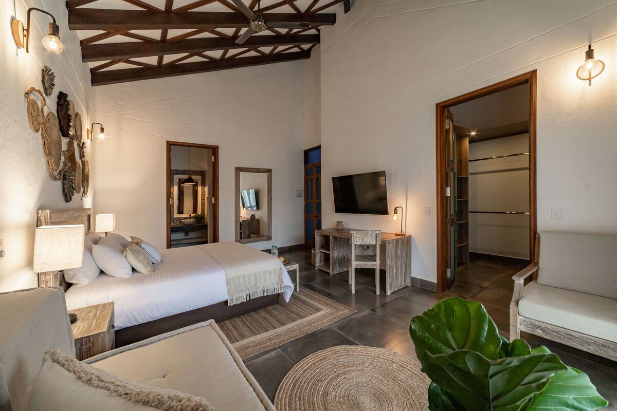 Une chambre à coucher comprenant un lit, des tables de chevet, un bureau, une chaise, un téléviseur et une grande plante.