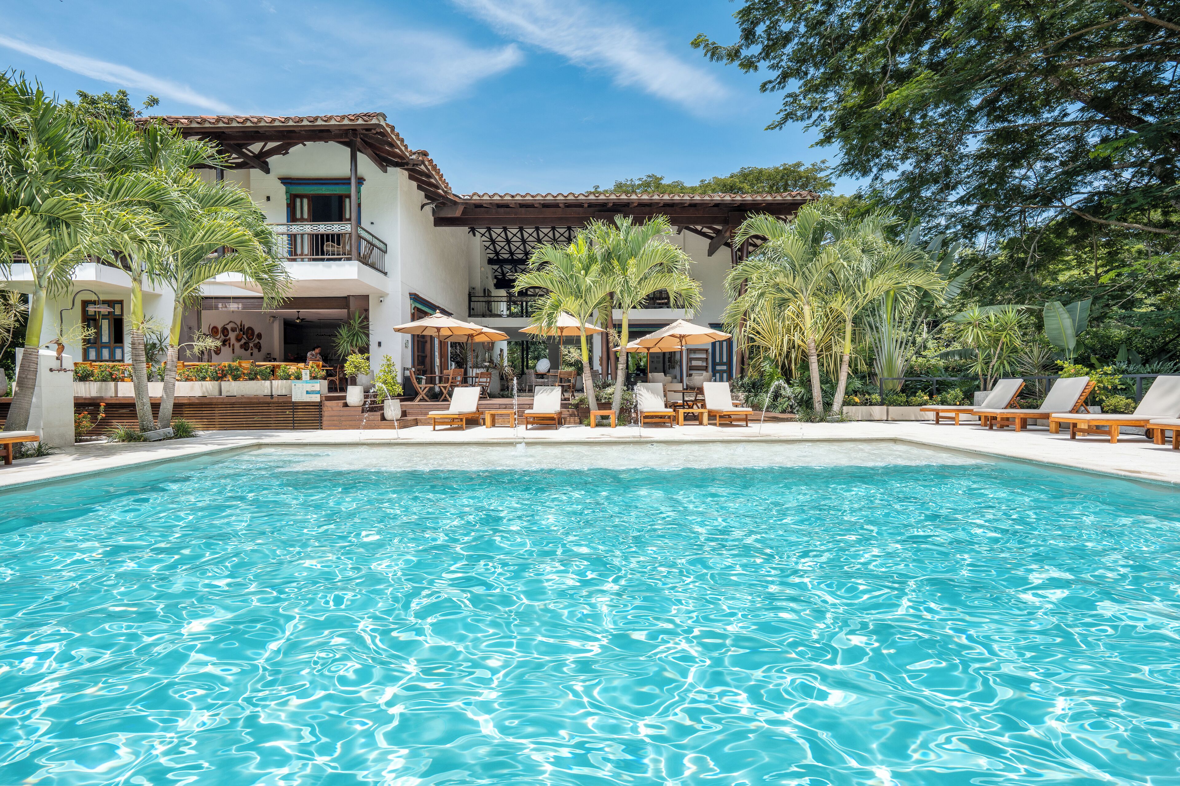 Piscine extérieure, parasols de plage, chaises longues
