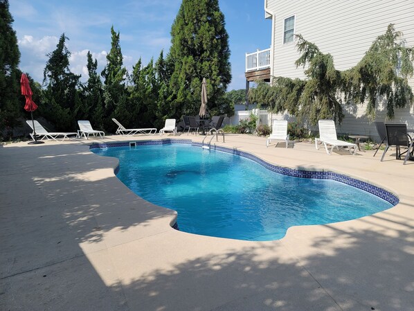 A swimming pool with a tiled edge, surrounded by lounge chairs and umbrellas, with trees and a building in the background.