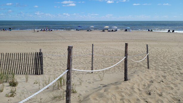 Een zandstrand met een houten hek en touwbalk, dat uitkomt op de oceaan.