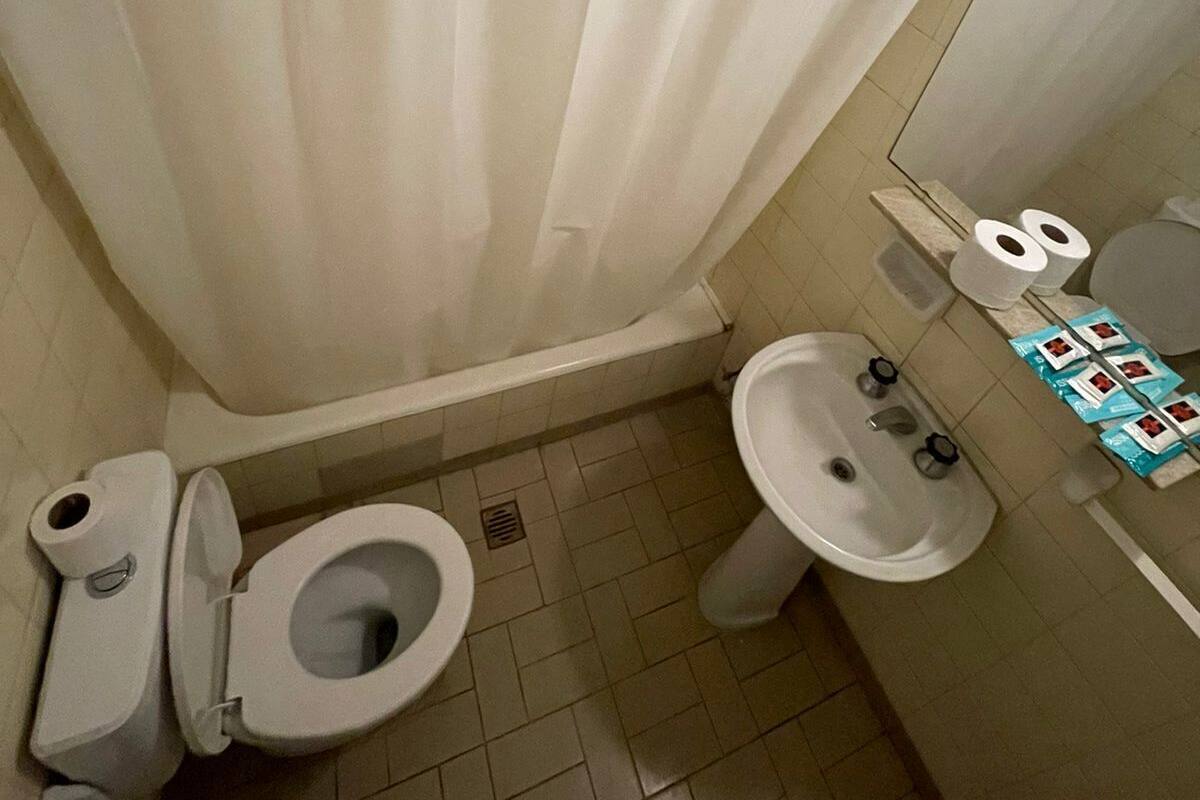 A small bathroom with a shower curtain, two toilets, a sink, and a mirror.