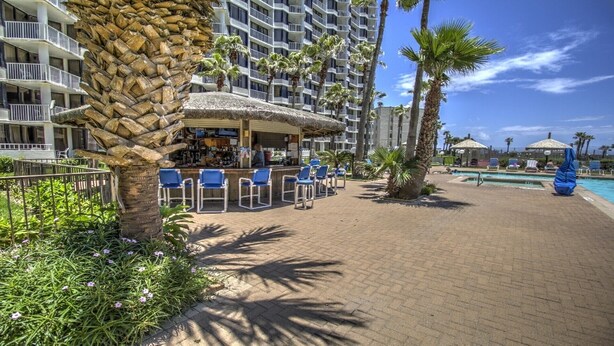 A hotel with a bar area, outdoor pool, and palm trees.