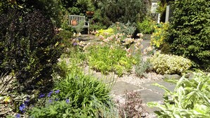 A garden with various plants and flowers, a stone pathway, and a bench. - Central holiday home with pretty, sunny garden, moments from the station, golf course and beach. (North Berwick)