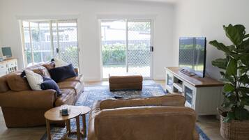Smart TV, fireplace, DVD player, books