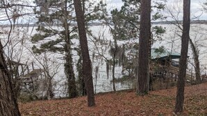 A forested area with a dock extending into a body of water, surrounded by trees and a leaf-covered ground. - Toledo Bend on Lanana Bay Waterfront Camp Boathouse Dock Subdivision Boat Launch (Many)