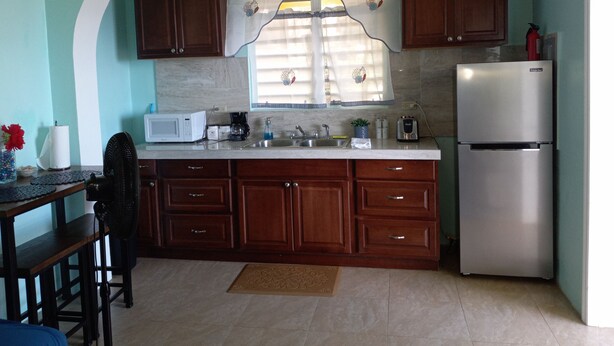 A kitchen with wooden cabinets, a white refrigerator, a microwave, and a sink. - Beautiful Apartment w- gorgeous expansive views, beautiful fruit trees & gardens (ST. THOMAS)