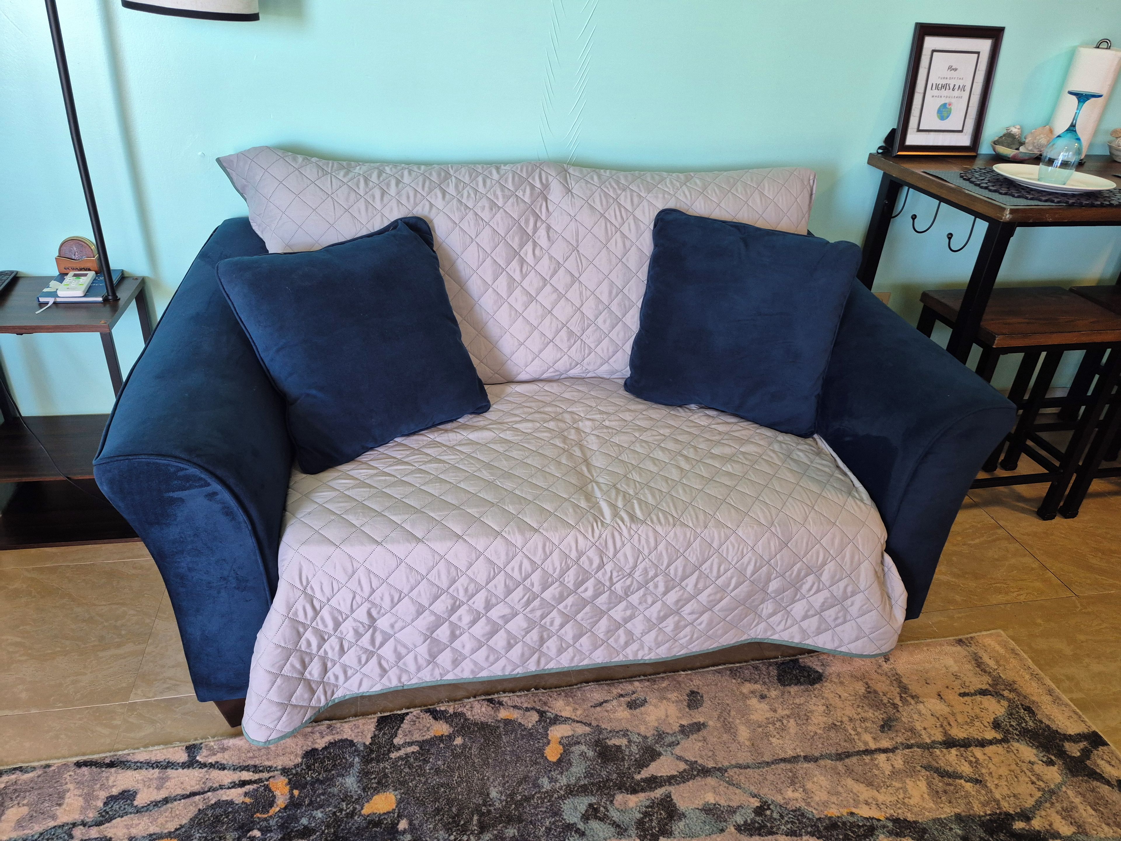 Una habitación con un sofá, una alfombra y una pequeña mesa con una lámpara.