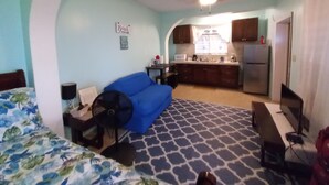 A compact living space with a kitchenette, a bed with floral bedding, a blue sofa, and a patterned rug. - Beautiful Apartment w- gorgeous expansive views, beautiful fruit trees & gardens (ST. THOMAS)