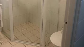 A glass-enclosed shower stall with a white toilet and a small window above the sink.