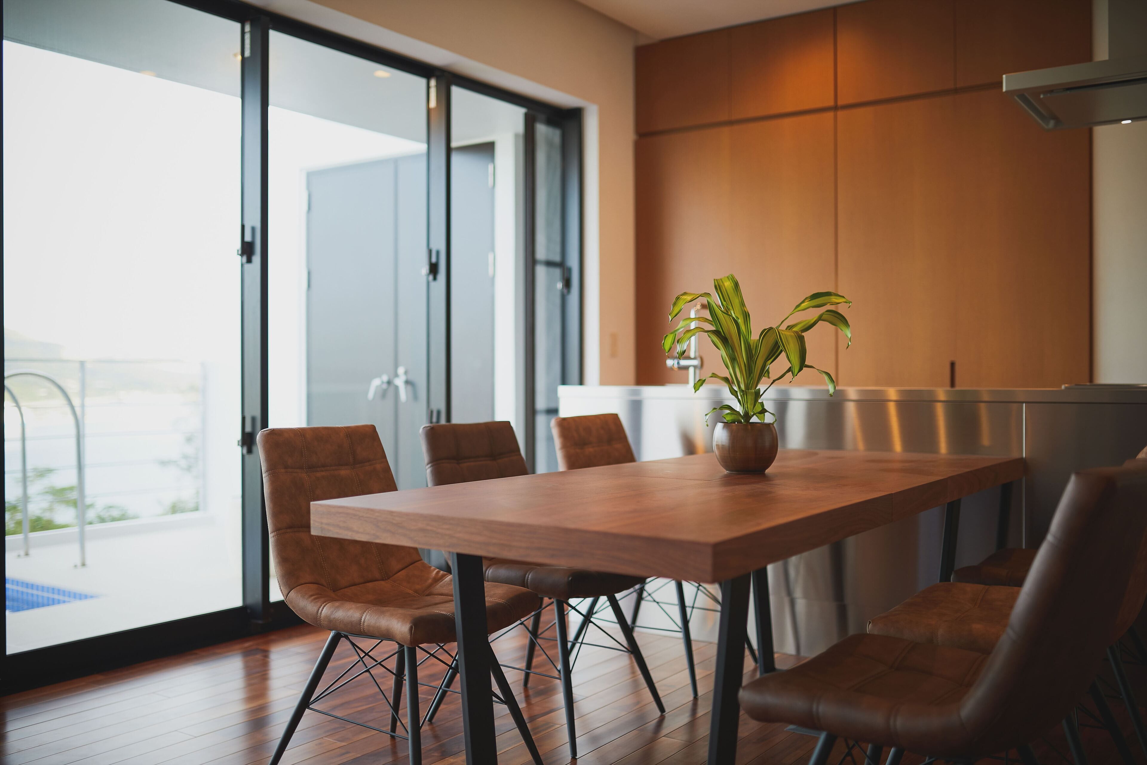 A modern dining area with a wooden table and leather chairs, a potted plant, and a view through large glass doors.