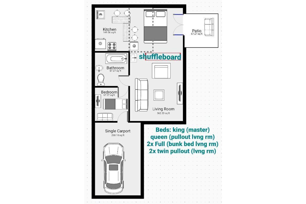 Een plattegrond van een hotelkamer met keuken, badkamer, slaapkamer, woonkamer en één autoverplaatsing.