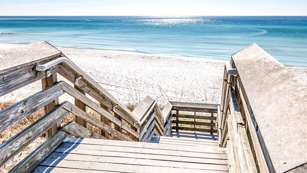 A wooden boardwalk leading to a sandy beach with clear blue water. - 30A Getaway - Beach, Dining, Shopping Nearby - Sleeps 12 (Santa Rosa Beach)