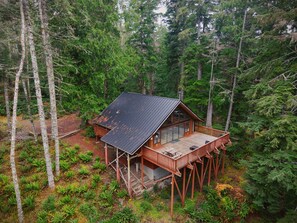 Une cabane dotĂ©e dâune terrasse, entourĂ©e dâune forĂȘt dense.