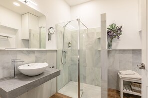 Douche, séchoir à cheveux, serviettes fournies