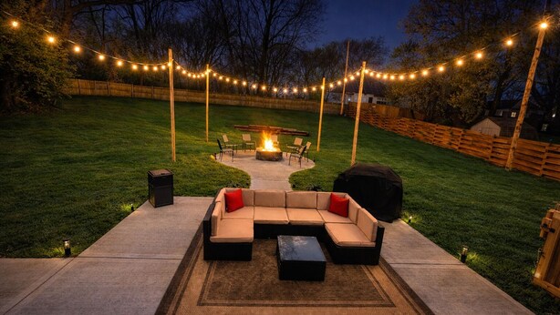 Une terrasse extérieure avec un canapé, un foyer et des guirlandes lumineuses.