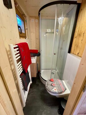 Et lille badeværelse med bruser, toilet og håndvask.