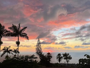 A sunset view with palm trees and a clear sky. - Breathtaking Panoramic Ocean Views, Crystal Blue Pool, Hot Tub, BBQ Grill! (Kailua-Kona)