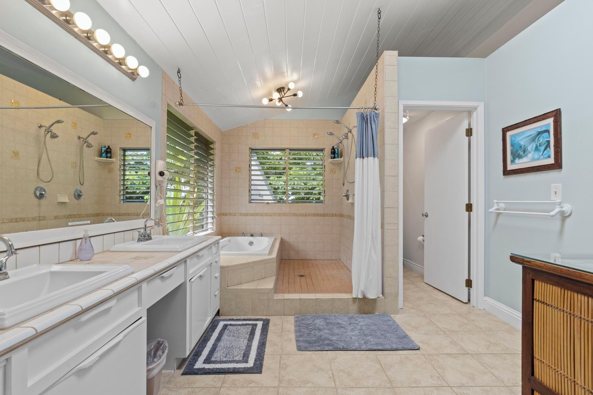 Shower, jetted tub, hair dryer, towels