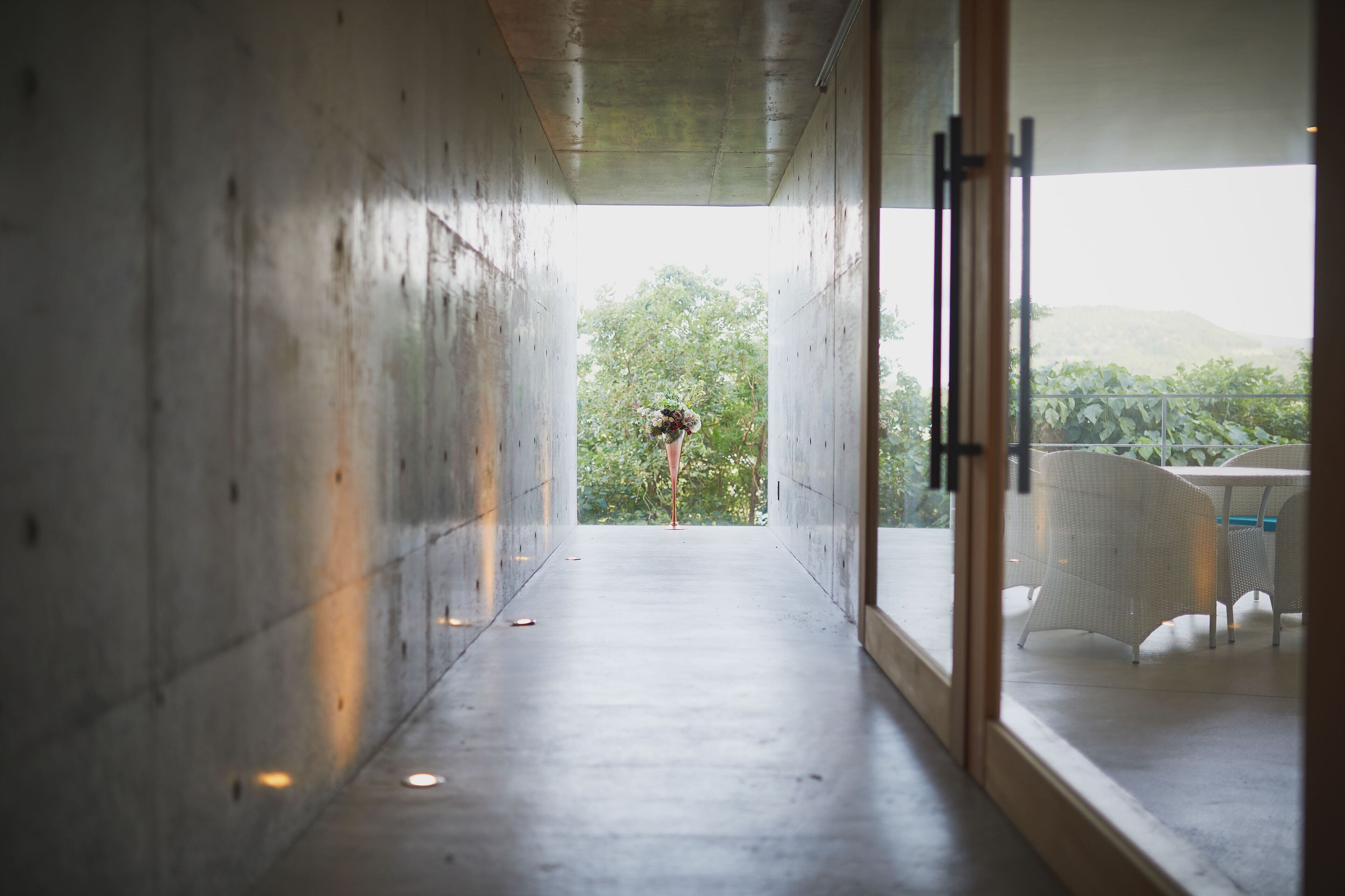 Un couloir au sol en béton mène à une porte en verre, à travers laquelle on aperçoit un jardin avec des arbres et une chaise.