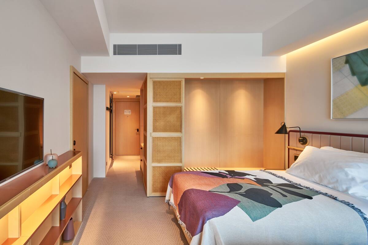 Habitación de hotel con cama, televisor, armario y vestidor.