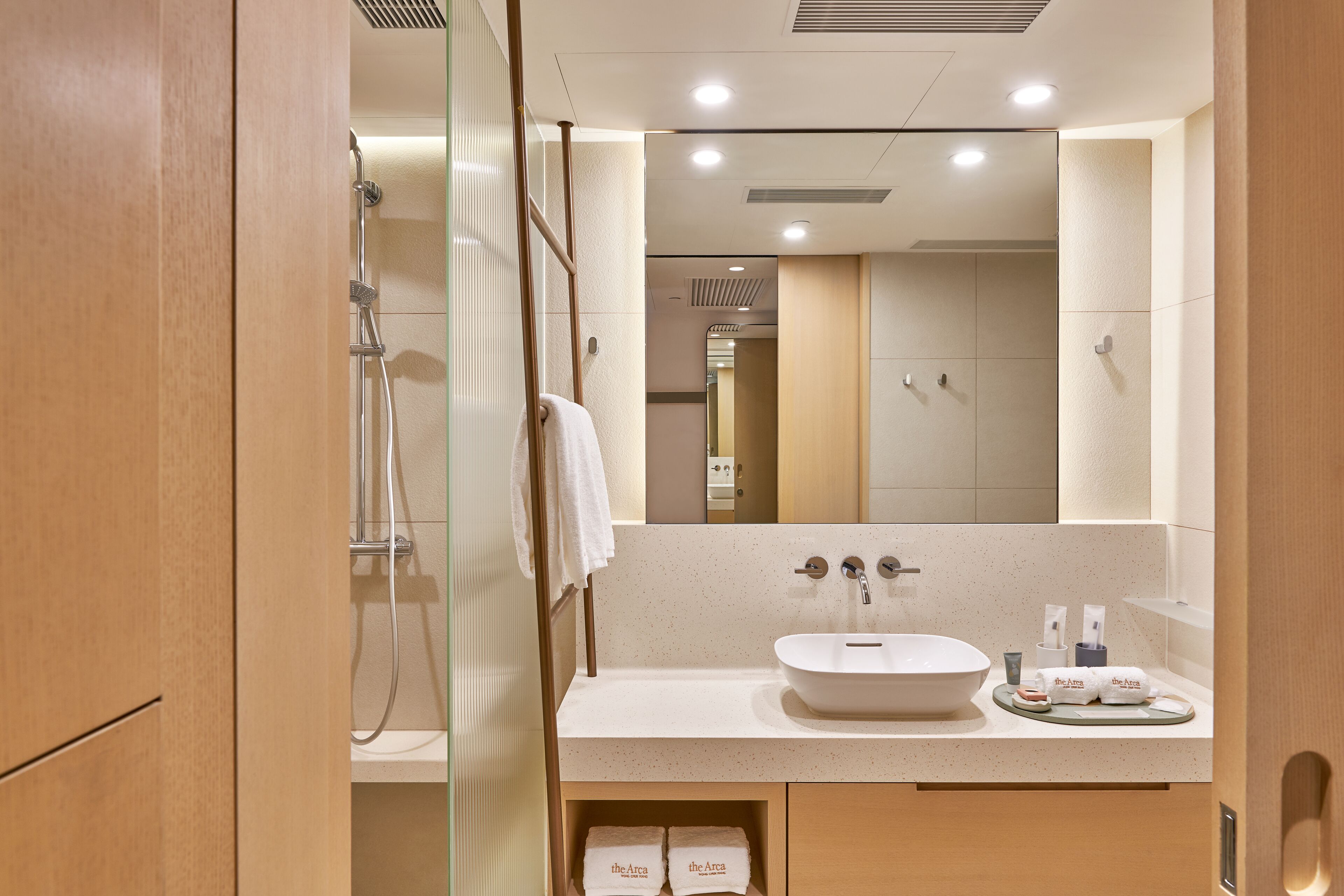 Een moderne badkamer met een grote spiegel, een wastafel en een douche.