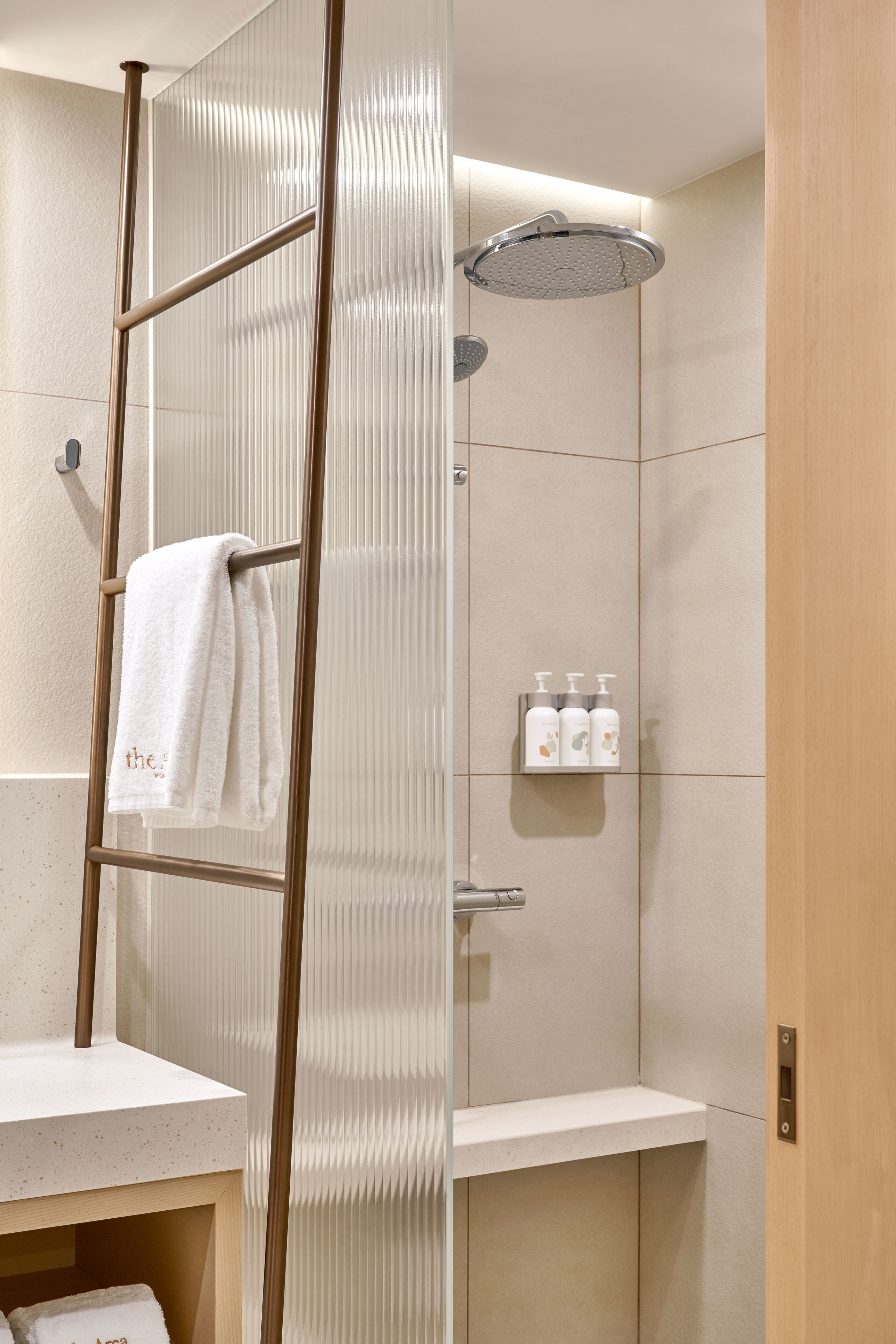 Een moderne badkamer met een douche, een handdoekhouder en een plank met toiletartikelen.