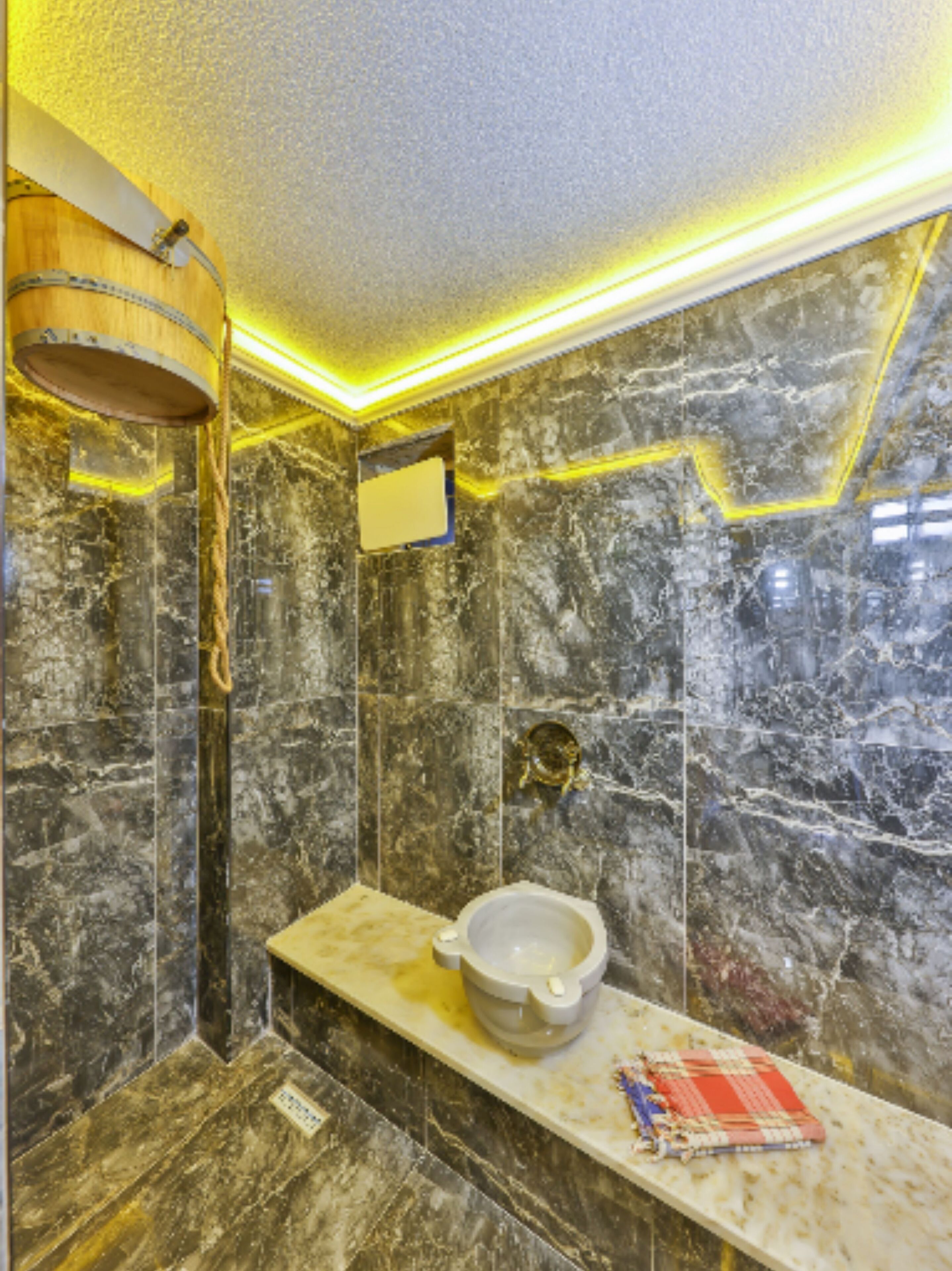 Un baño con paredes de mármol, un inodoro y zona de ducha.