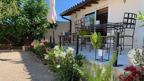 Zona de pati amb mobiliari exterior, una pèrgola i diverses plantes.