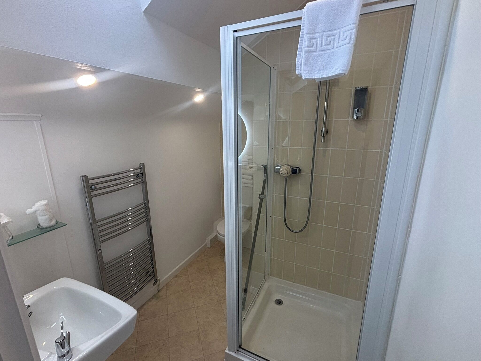 A bathroom with a glass-enclosed shower, a sink, and a towel rack.