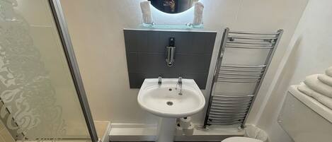 A bathroom with a white sink, toilet, and a glass shower enclosure.