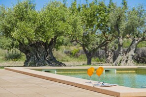 Ein Poolbereich mit zwei Gläsern Orangensaft auf einem Tisch, umgeben von Bäumen.