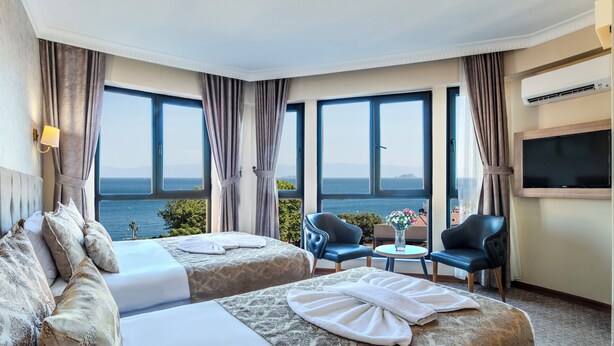 A hotel room with two beds, a TV, a small table with a vase, and a view of the sea. - Sultan Hamit Hotel (Istanbul)