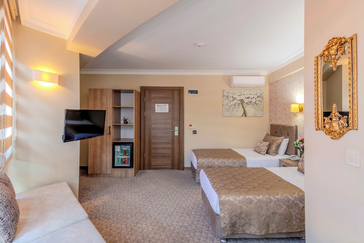 A hotel room with two beds, a TV, a minibar, and a large mirror.