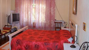 Un dormitorio con cama, televisión, escritorio y una silla.