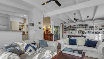 Smart TV, fireplace, DVD player, books
