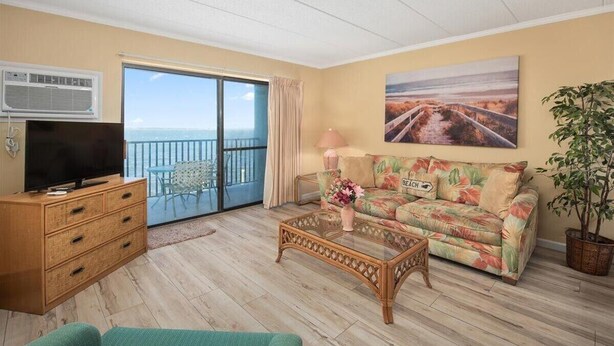 A room with a television, a sofa, a coffee table, a potted plant, and a balcony with a view.
