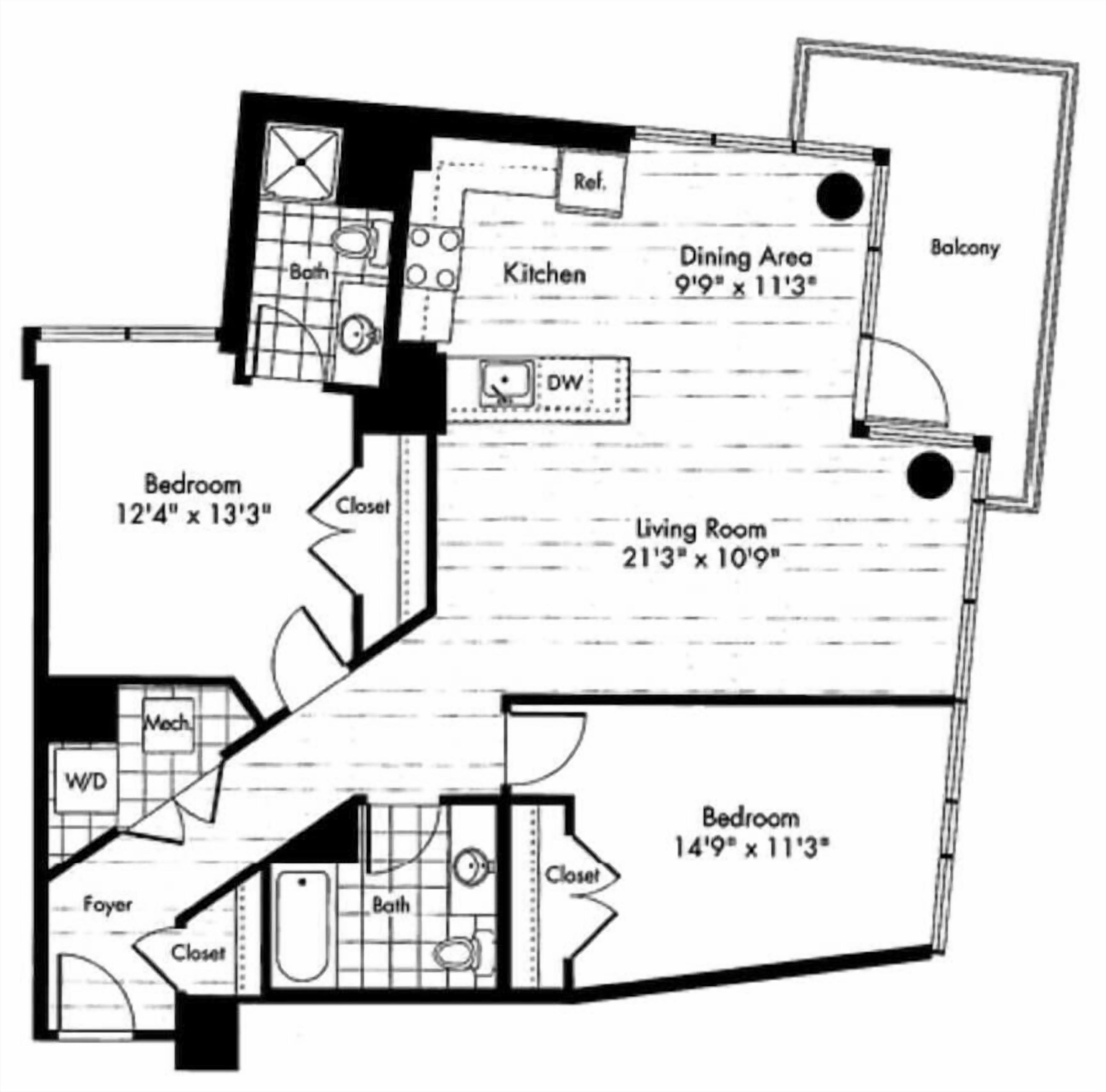 Planta baixa com um quarto de 3,7 x 4,0 metros, uma sala de estar de 6,4 x 3,3 metros, uma sala de jantar de 2,9 x 3,4 metros e um segundo quarto de 4,5 x 3,4 metros.